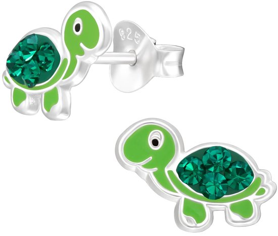Joy|S - Zilveren baby schildpad oorbellen - 10 x 7 mm - groen met kristal - kinderoorbellen