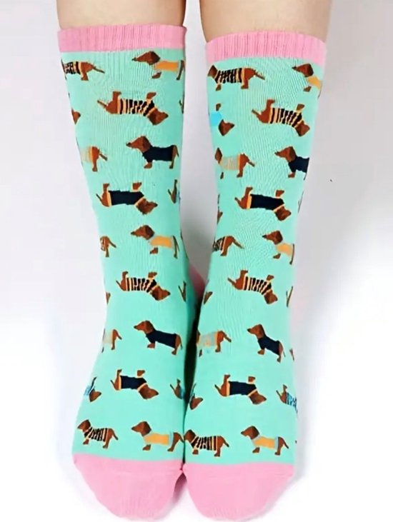 Teckel - sokken - 1 paar sokken - teckelprint - maat 35/38 - groen - roze - hond - dachshund - teckelsokken - teckel sokken