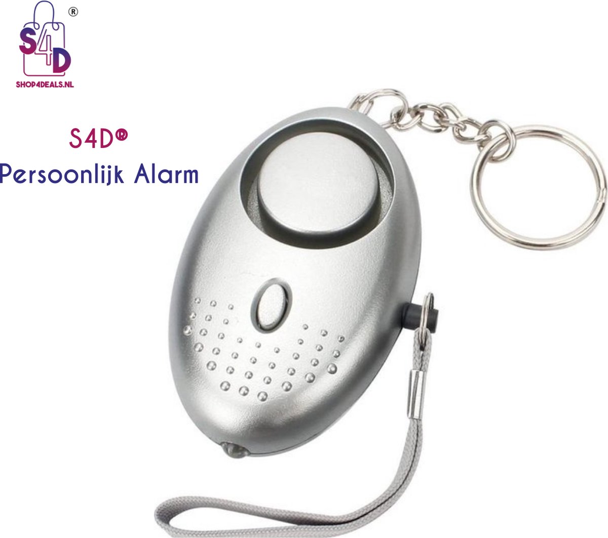 S4D® - Persoonlijk Zakalarm - Paniekalarm - Senioren Alarm - Veiligheid Alarm - Persoonlijke Alarmknop - Zelfverdediging Sirene - 130 Decibel - Incl. Batterijen - Met LED Zaklamp - Sleutelhanger – Grijs