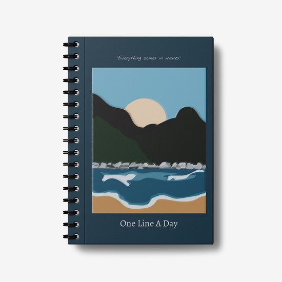 Blauw dagboek met ringband, met een gestileerde illustratie van een zonsondergang boven de oceaan op de voorkant. Tekst: 'Everything comes in waves. One Line A Day'.