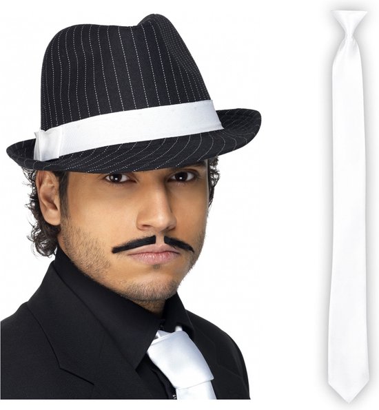 Carnaval verkleed set compleet - gangster/maffia hoedje met stropdas - zwart/wit - volwassenen - verkleedkleding