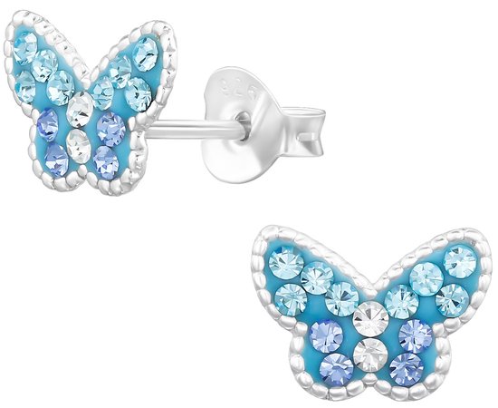 Joy|S - Zilveren vlinder oorbellen - blauw met lila en blauw kristal - 9 x 7 mm - kinderoorbellen