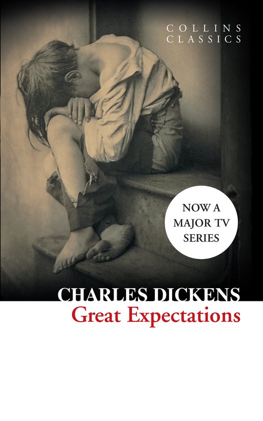 Cover van Charles Dickens' Great Expectations met een illustratie van een kind in lompen, zittend op een trap. "Now a Major TV Series" staat in een cirkel.