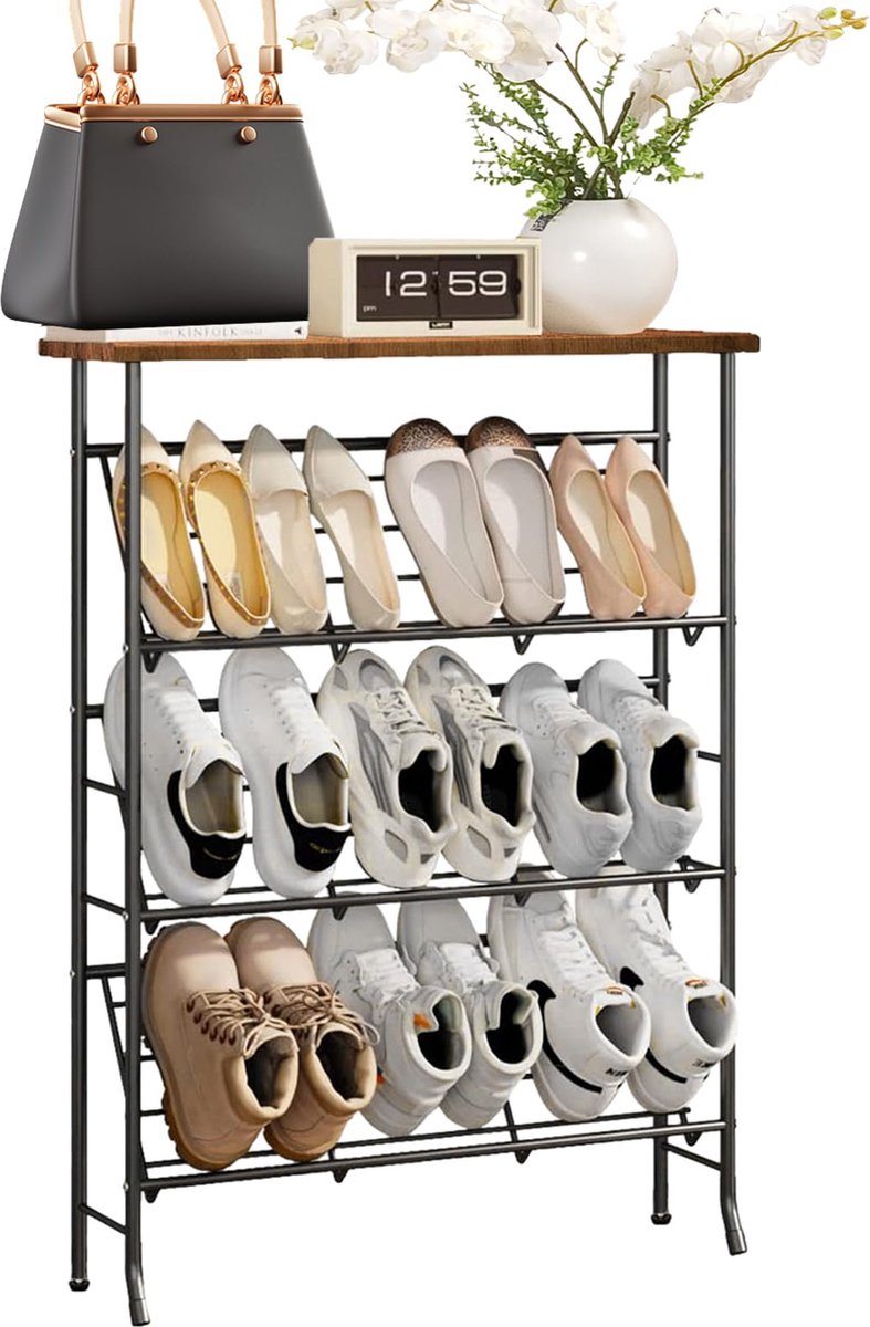 4 lagen schoenenrek, duurzame metalen laarzen schoenenrek, 12-16 paar schoenenrek voor kast, vrijstaande schoenenrek voor entree, hal, woonkamer, slaapkamer