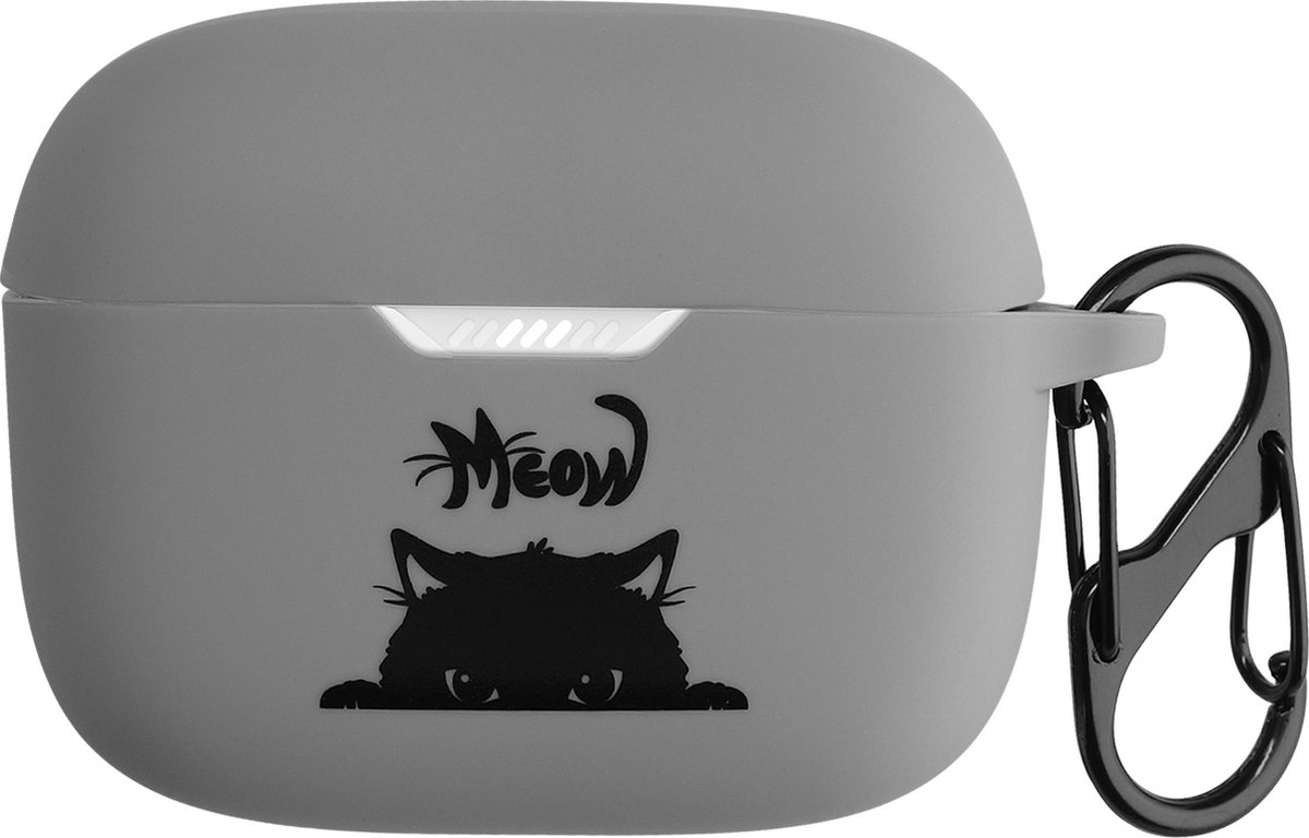 kwmobile Hoes geschikt voor JBL Tune 230 NC TWS / T230NC - Siliconen cover voor oordopjes in grijs / zwart - Kat Meow design