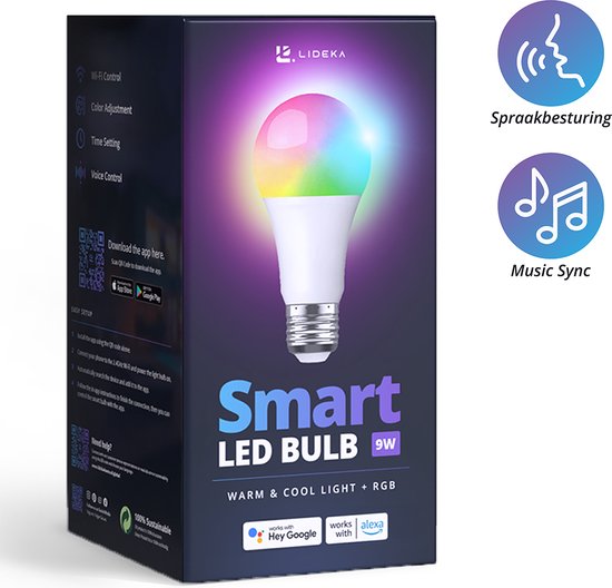 Lideka® - Geavanceerde E27 9W LED Lampen - RGBW, App-Bediening - Warm tot Koel Licht (2700K-6500K) - Slimme Verlichting - Instelbare Helderheid - Compatibel met Google & Alexa