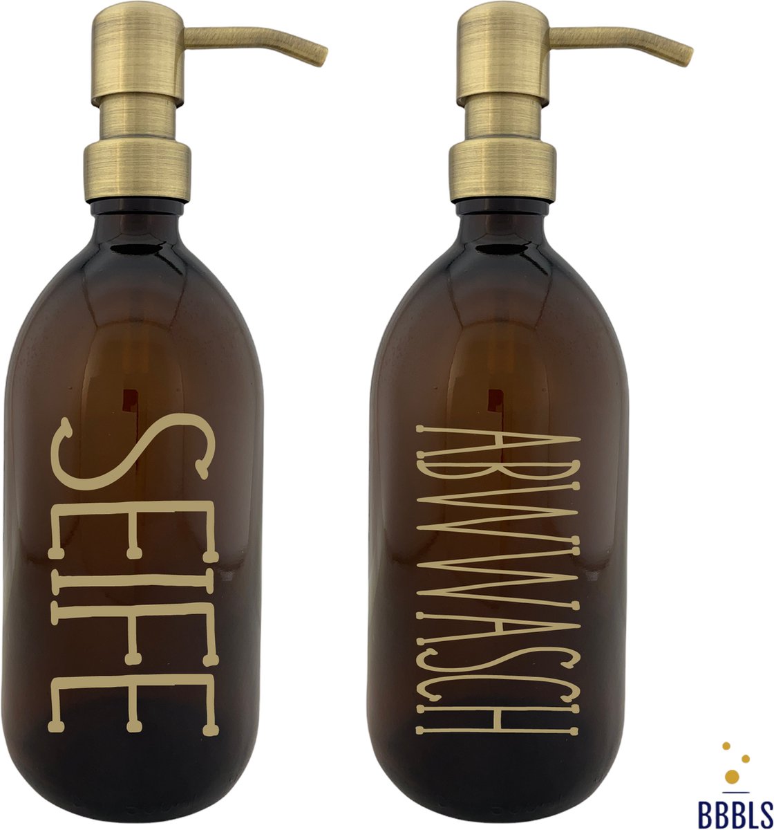 BBBLS® Design Dispenser Giftset "Seife Abwasch" | Transparant Kunststof | 500ml | RVS / Metaal Pomp Goud | Zeeppomp | Zeepdispenser | Zeephouder