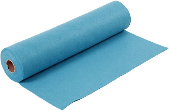Feutre turquoise sur rouleau, partiellement déroulé. Le matériau est de couleur unie et a un toucher doux.