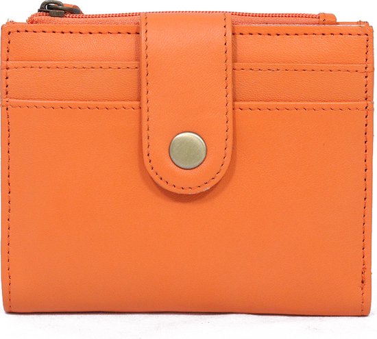 Oranje portemonnee van leer - oranje portefeuille van leder - lus met drukknoop - ruimte min. 8 passen - 10 x 13 cm - STUDIO Ivana