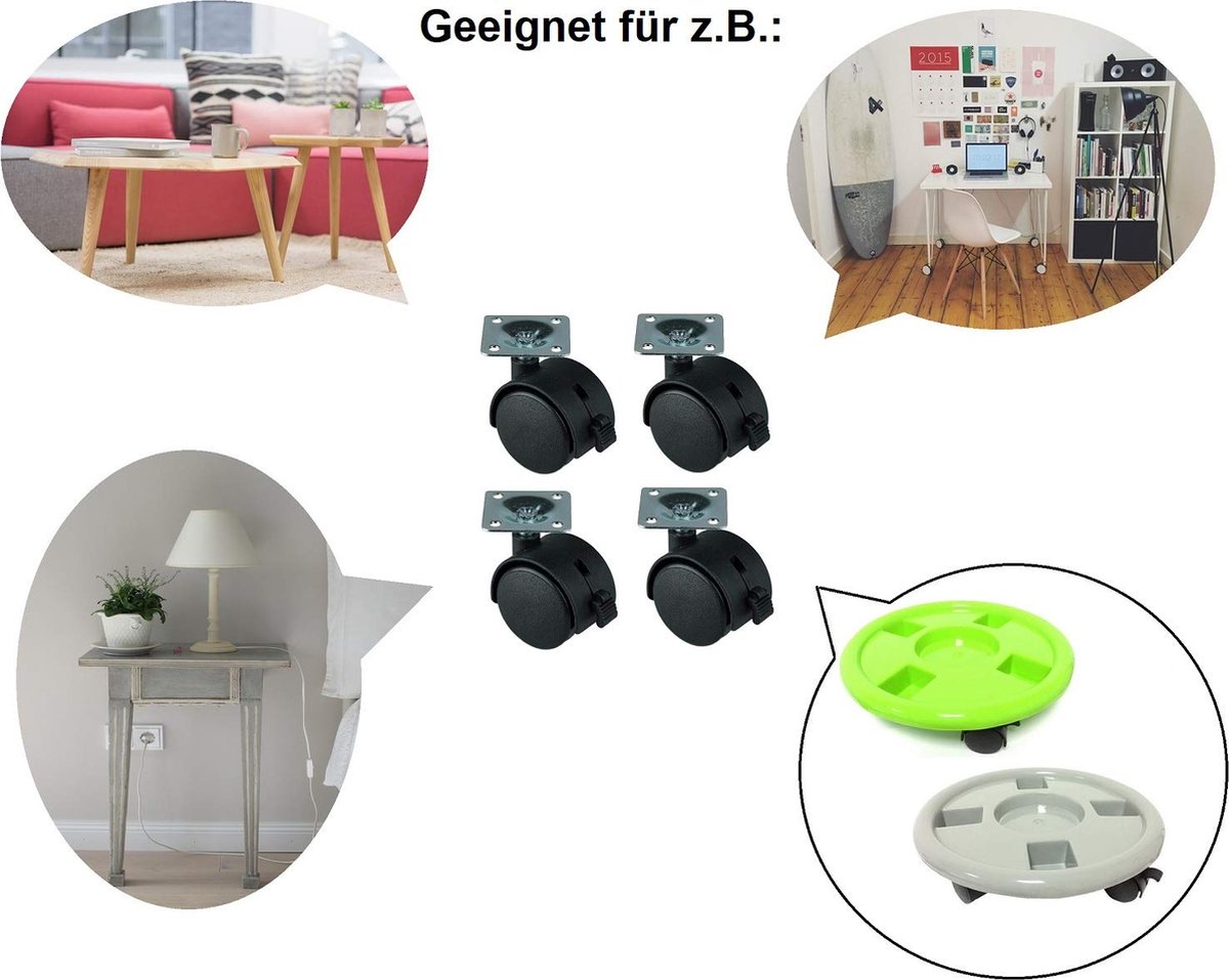 HRB Set van 4 stuks zwenkwielen en schroefstang M 8, kleine meubelwielen met max. draagkracht 80 kg/set, draaibare wielen voor meubels met