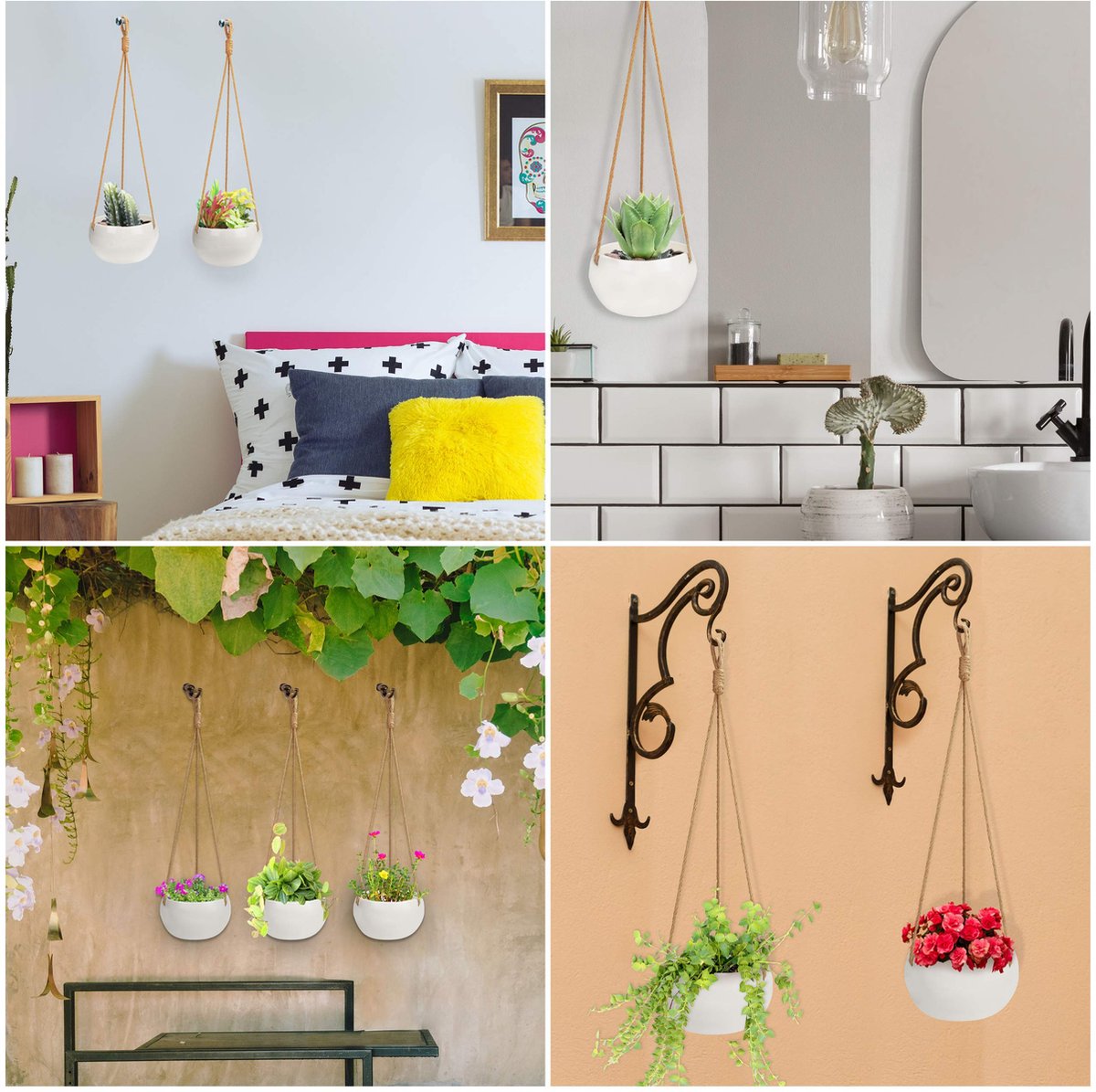AmeliaHome Bloempot van keramiek plantenpot hangend deco lokai pepermuntgroen