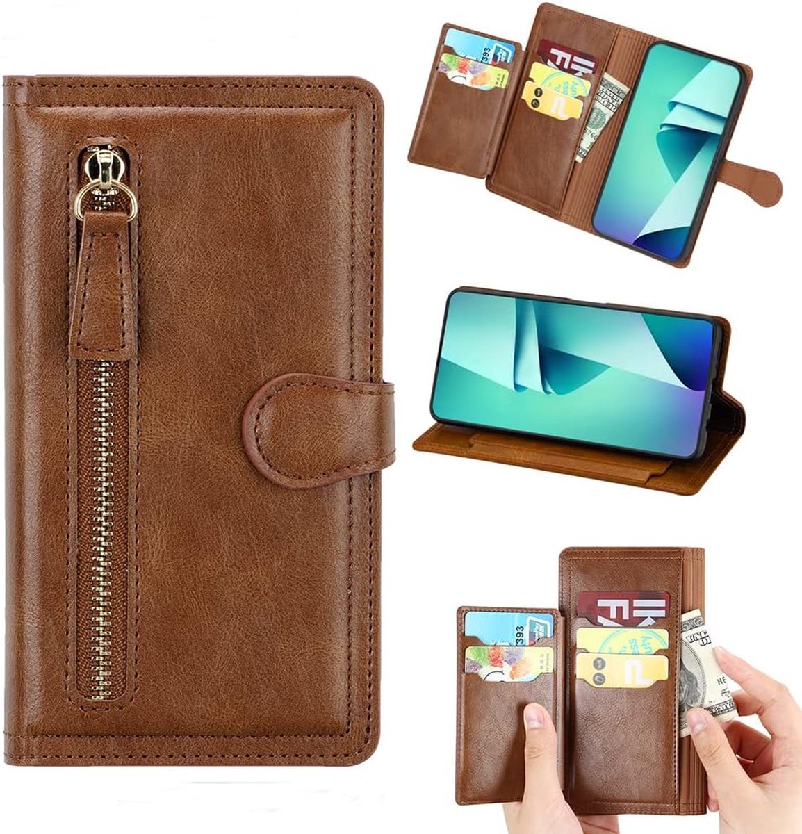 Premium vintage portemonnee hoesje met ritssluiting flip-cover hoes met kaarthoudersleuven Geschikt voor: Samsung Galaxy A23 5G - donker bruin