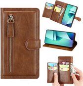 Étui portefeuille vintage Premium avec fermeture à glissière et emplacements pour cartes Convient pour : Samsung Galaxy A23 5G - Marron foncé