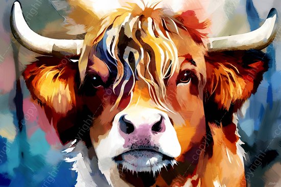 JJ-Art (Canvas) 120x80 | Schotse Hooglander, koe, stier, abstract – kleurrijk – felle kleuren, kunst – woonkamer - slaapkamer | dier, geel, bruin, blauw, Schotland, modern | Foto-Schilderij print (wanddecoratie)