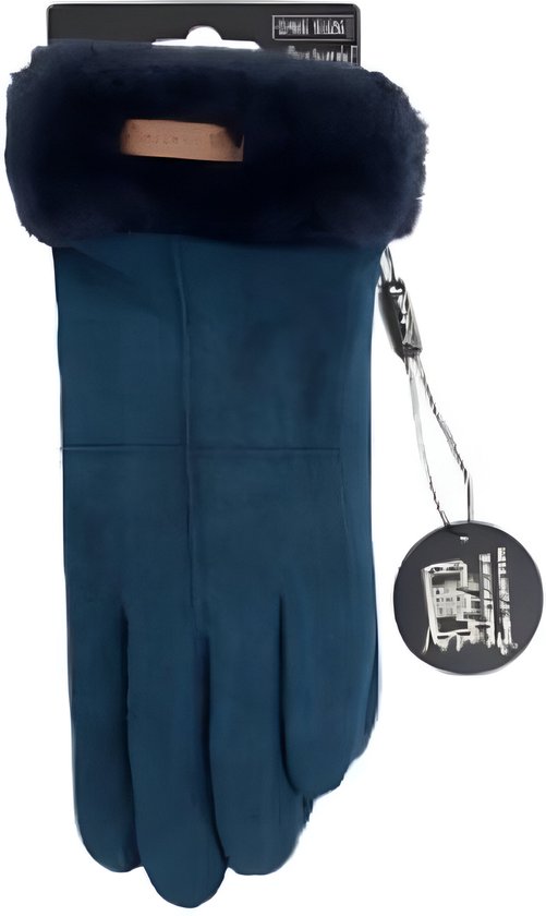 Handschoenen Dames | Luxe Dames Handschoenen met Teddy Kraag | Handschoen Dames Winter| Handschoenen Dames Velour | Blauw | One Size