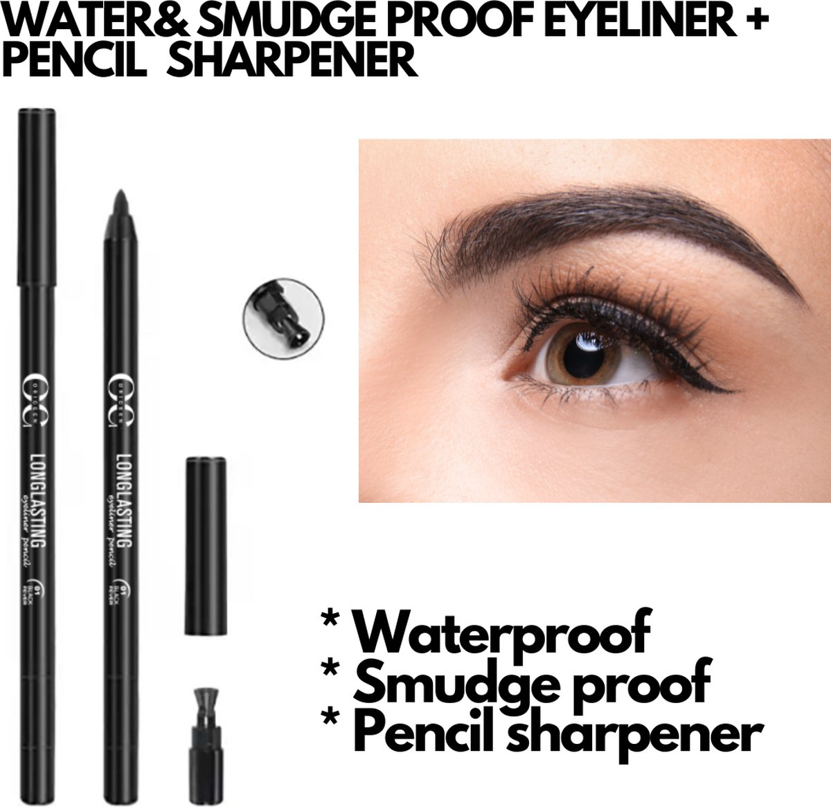 ORIGEEN Waterproof eyeliner pencil met puntenslijper- Oil free eyeliner with pencil sharpener - Waterproof Eyeliner Oogpotlood met puntensliper - Olie vrij - black )