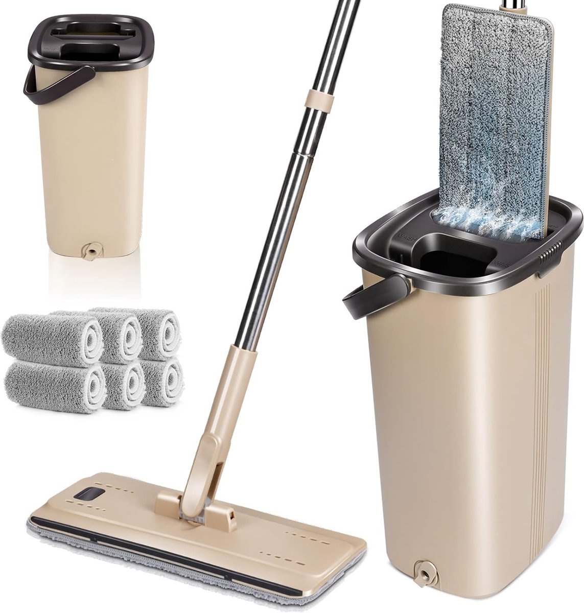 Goedkoopste Dweilset en reinigingsemmer, vloermop met 6 microvezelpads, zelfreinigende vlakmop voor droog en nat, voor het reinigen van vloeren, tegels, parket, laminaat
