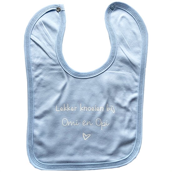 Slab - Blauw - met tekst "Lekker knoeien bij" - gepersonaliseerd met zelf in te vullen naam - drukknoopsluiting - 100% katoen