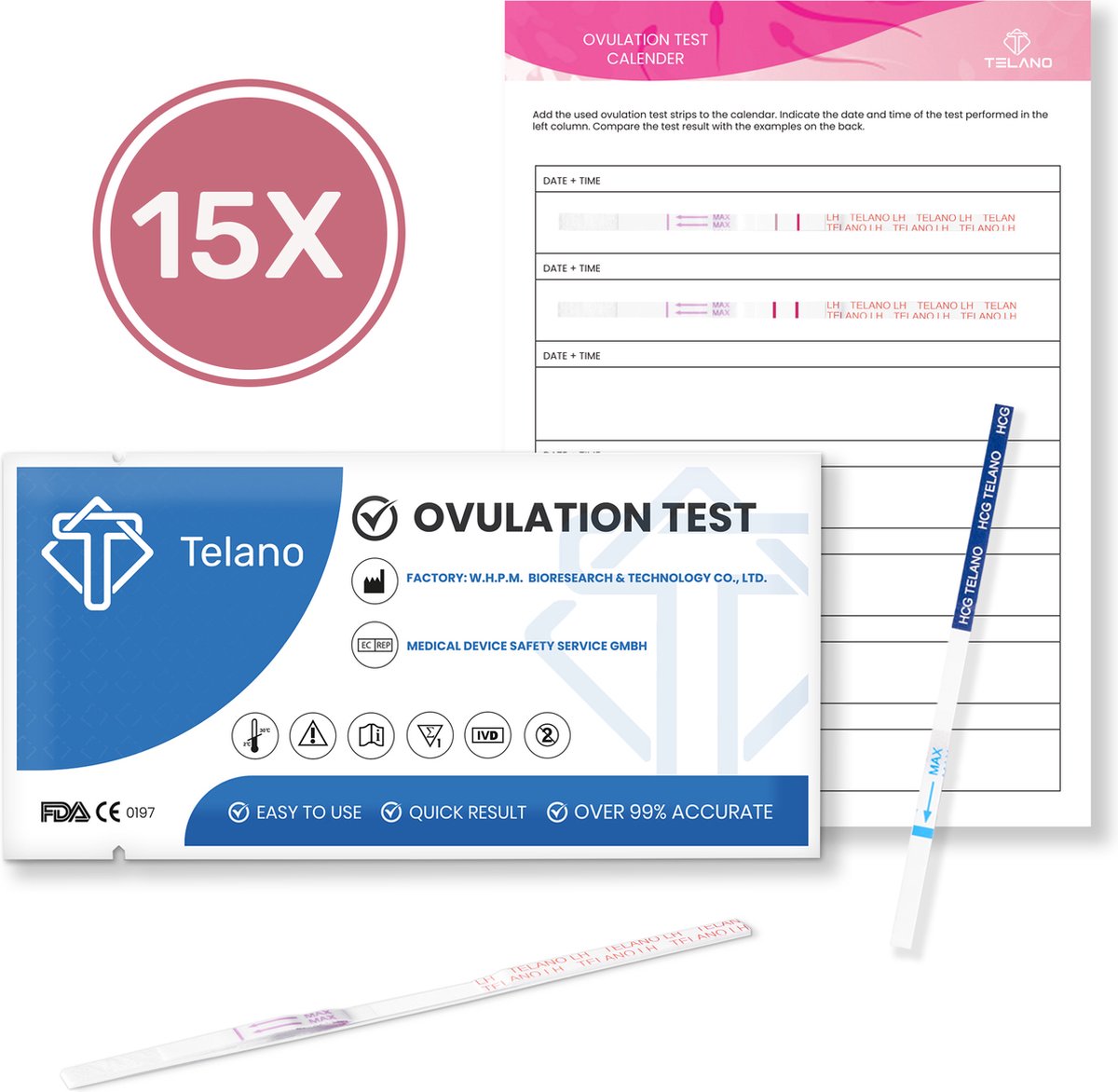 Goedkoopste Telano Ovulatietest 15 testen Dipstick Gevoelig - 1x Zwangerschapstest Strip - Ovulatiekalender