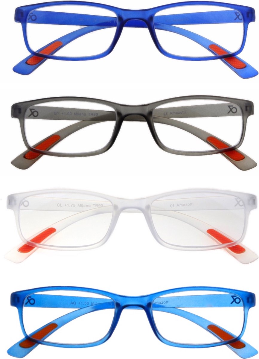 Amazotti Milano Leesbrillen Sterkte +2.00 - Set van 3+1 Extra - Blauw, Grijs, Transparant - Leesbril voor Heren en Dames