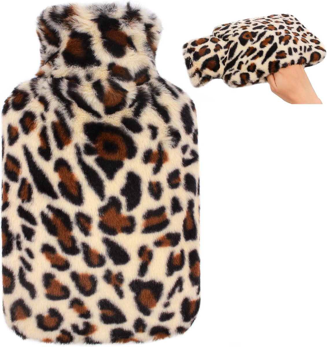 Goedkoopste OWOZOI Hot Water Bottle with Cover Fluffy - Cuddly Soft Fur Cover with Kangaroo Pocket for Hands, 2L Large Capacity Rubber Hot Water Bottle, Bed Bottle for Adults, Women Gift, Leopard