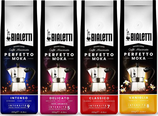 Bialetti Perfetto Moka Gemalen Koffie Proefpakket - 4 x 250 gram - Classico, Intenso, Delicato en Vaniglia