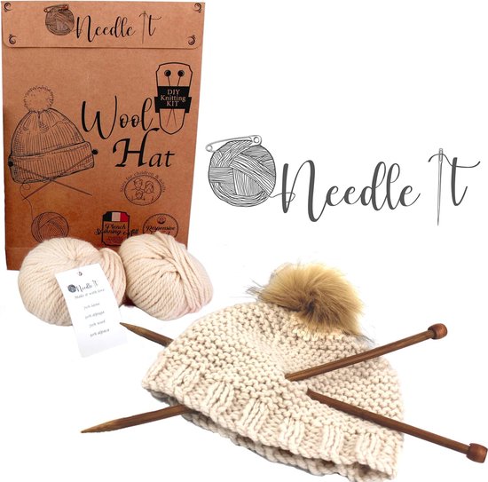 Complete ecru knitted hat kit Doityourself woollen hat for children