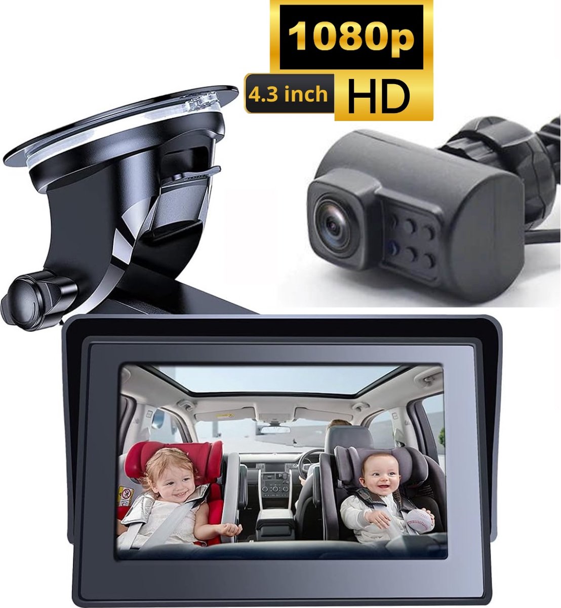 Lucellia Baby Auto Camera - 4.3-Inch HD 1080P Kleuren Monitor Met Nachtvisie - 360° Verstelbaar - Inclusief Zuignap Bevestiging Voorruit - Monitorbevestiging Voor Dashboard - USB - Babyfoon met camera - Autospiegel baby -Baby monitor -Baby autostoel