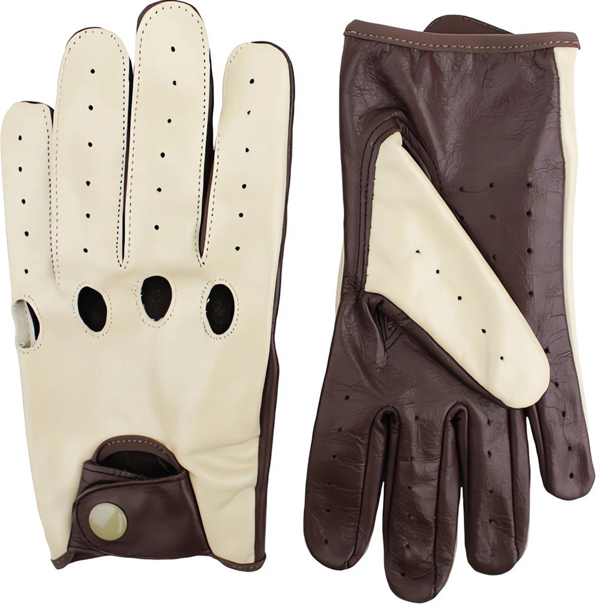 DriveLux™ Echt Lamsleren Autohandschoenen - Espresso Elegance & Beige Leren Handschoenen- Dames & Heren - Maat (XS: 17 - 18 cm) - Ademend en Waterbestendig - Polished Leather