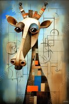 JJ-Art (Aluminium) 90x60 | Giraffe, Joan Miro stijl, modern surrealisme, abstract, kunst | dier, Afrika, rood, blauw, bruin, modern | foto-schilderij op dibond, metaal wanddecoratie