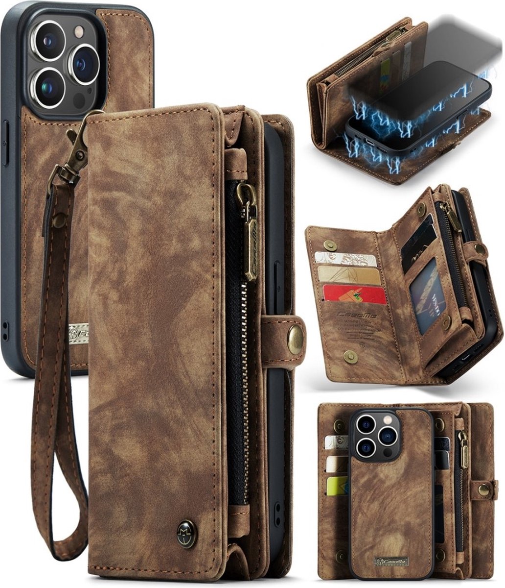 Caseme - Geschikt voor iPhone 15 Pro - Vintage 2 in 1 portemonnee hoes - Bruin
