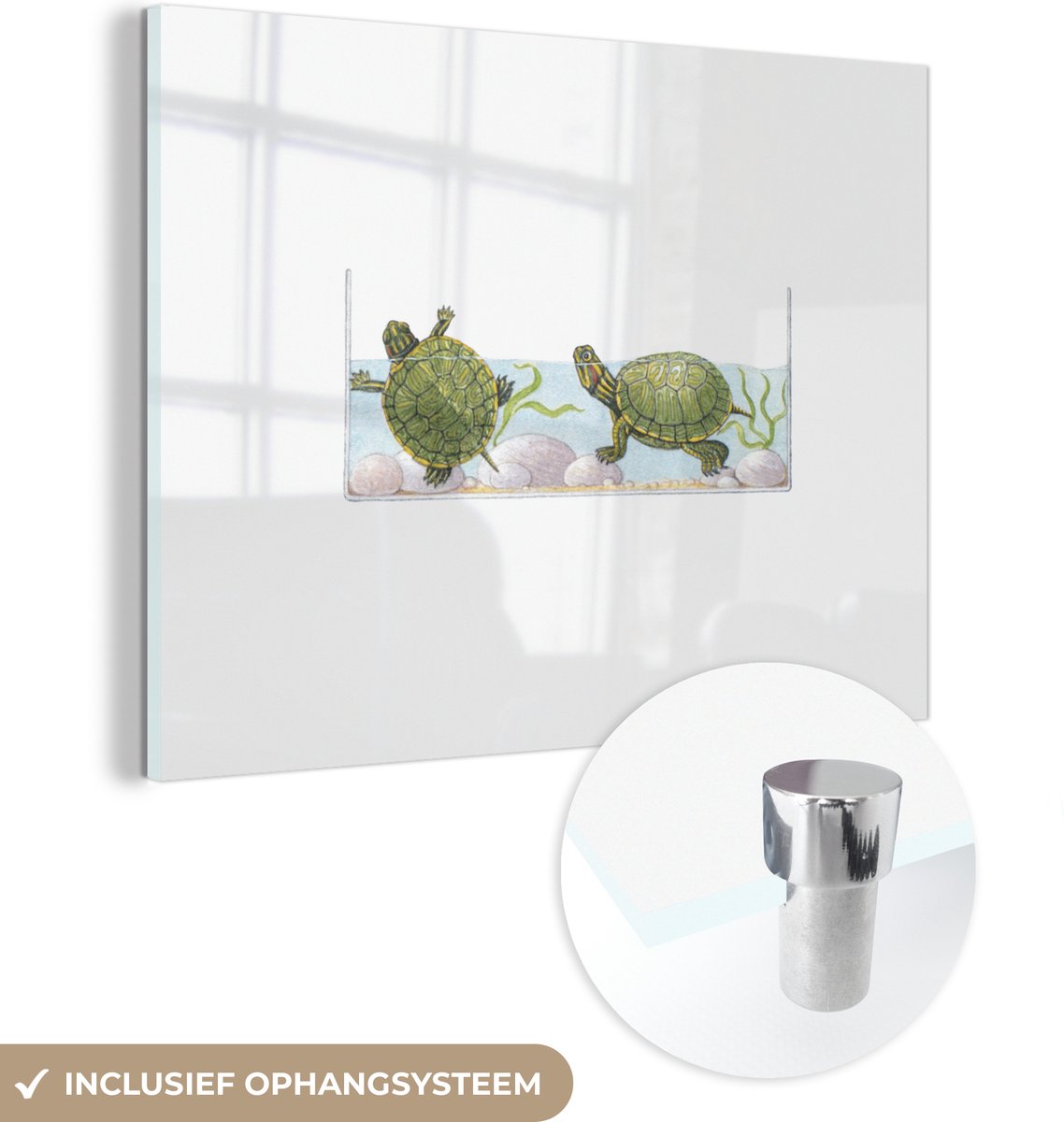 ® Glasschilderij 160x120 cm - Schilderij acrylglas - Illustratie van groene schildpadden in een aquarium - Foto op glas - Muurdecoratie woonkamer - Wanddecoratie slaapkamer - Schilderijen