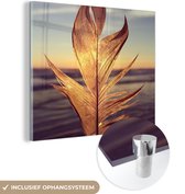 MuchoWow® Glasschilderij 20x20 cm - Schilderij acrylglas - Veer bij zonsondergang foto - Foto op glas - Schilderijen