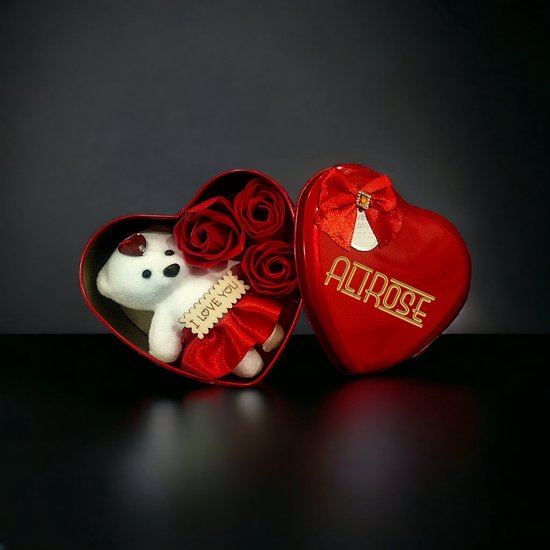 AliRose - Geschenkdoos - Berenknuffel met Zeep Roosjes - Liefde - Amor - Geschenk - Valentijn - Moederdag - Cadeau - Kado - I LOVE YOU - Cadeau Box