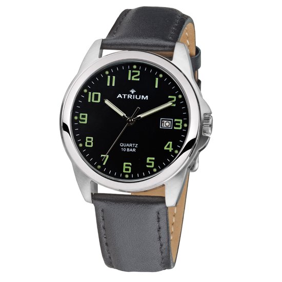 ATRIUM Horloge - Heren - Zilverkleurig - 10 Bar - Leer Zwart - Wijzerblad Zwart - Datum - Edelstaal - Duidelijk - A16-11