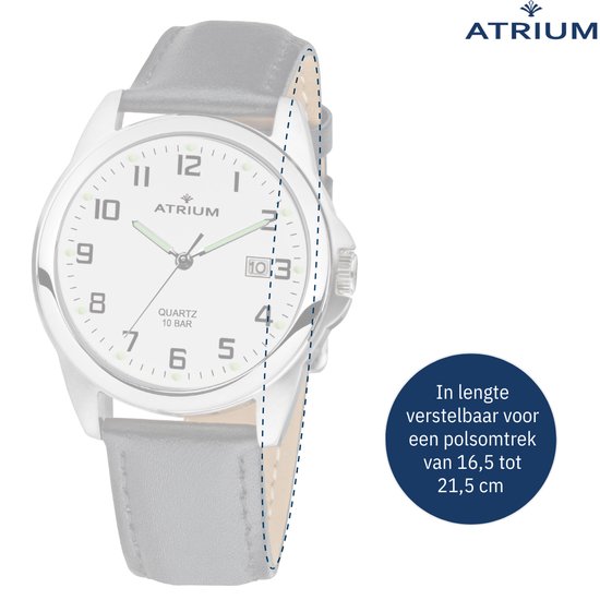 Montre ATRIUM - Homme - Couleur Argent - 10 bar - Cuir Zwart (16,5 à 21,5 cm) - Cadran Wit - Date - Acier inoxydable - A16-10