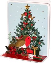 Oiseau rouge et marron portant une branche de pin dans son bec, arbre à Evergreen carte de Noël Pop-up 3D 2x