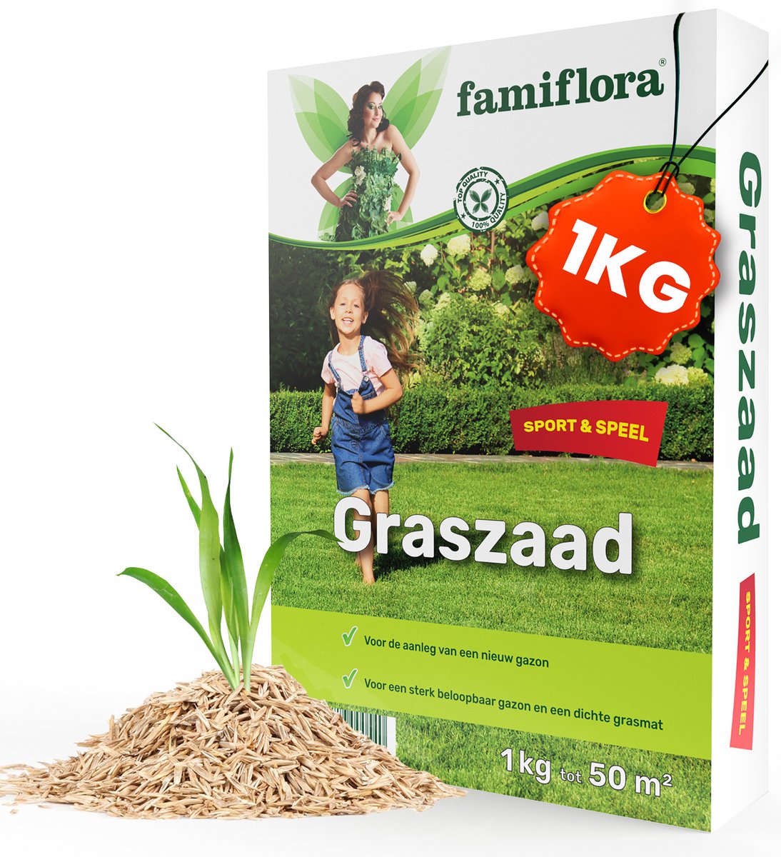 Famiflora Graszaad Speel & Sport - Sterk Graszaad voor Speelgazon en Sportgazon - 1 kg voor 50m² - Met Coating
