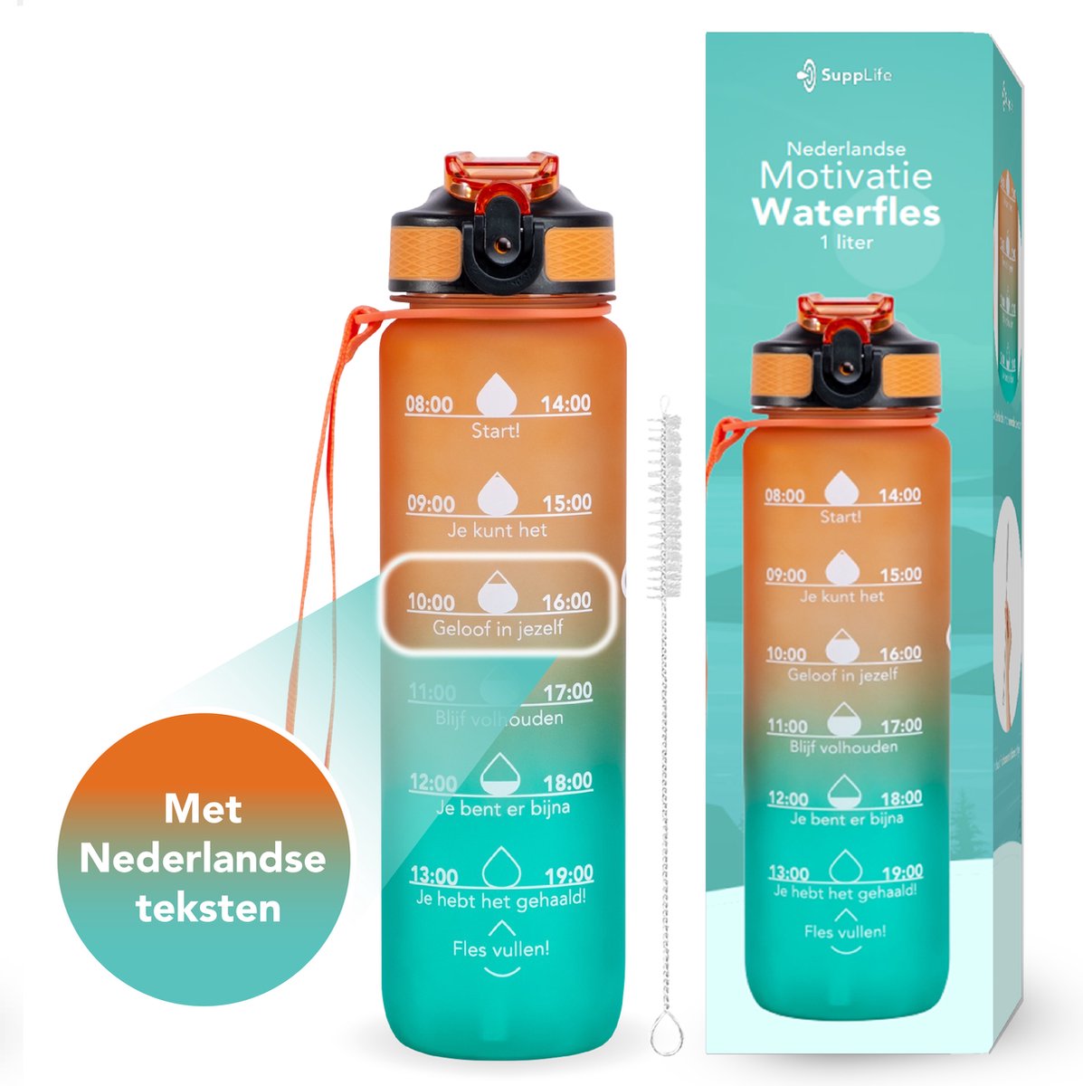 Supplife Nederlandse Motivatie Waterfles - 1 Liter - Nederlandse Tekst - Waterfles met Tijdmarkeringen - Drinkfles met rietje - Inclusief Schoonmaakborstel - Oranje Cyaan