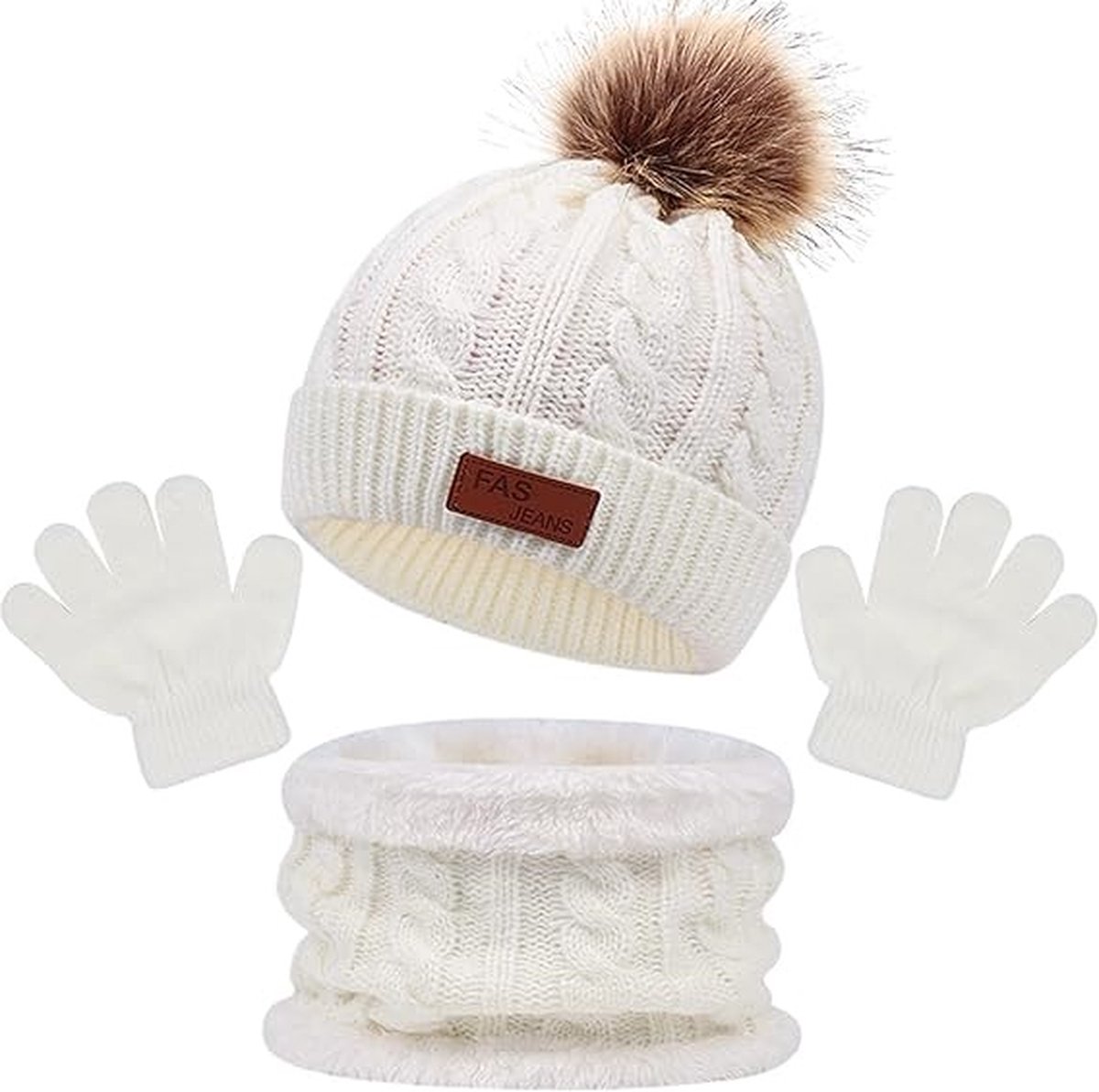Winter set 3 stuks - Wit - 1 tot 5 jaar - Beanie muts, ronde sjaal, handschoenen - 3-delige set voor kinderen
