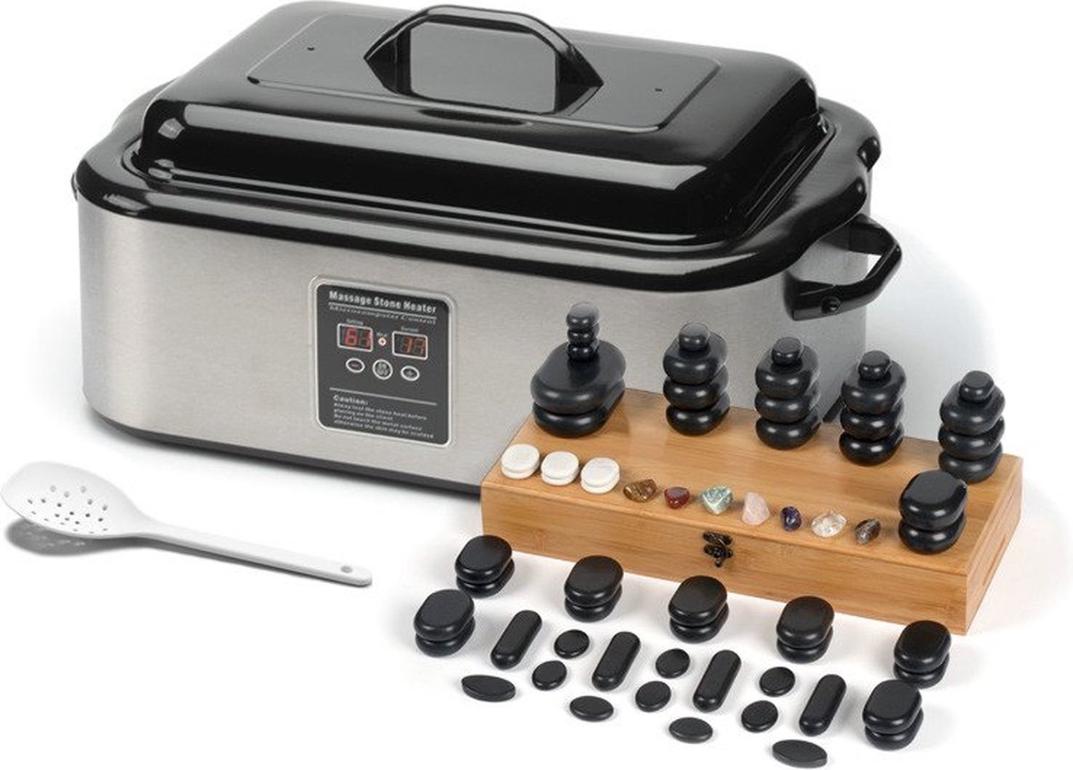 Goedkoopste ZenGrowth® Hotstoneset – 64 Hotstones – 18 Liter Hotstone Heater – Inclusief Houten Lepel – Elektronisch display – Snelle opwarmtijd – Digitale temperatuurregeling – 100 basaltsteen