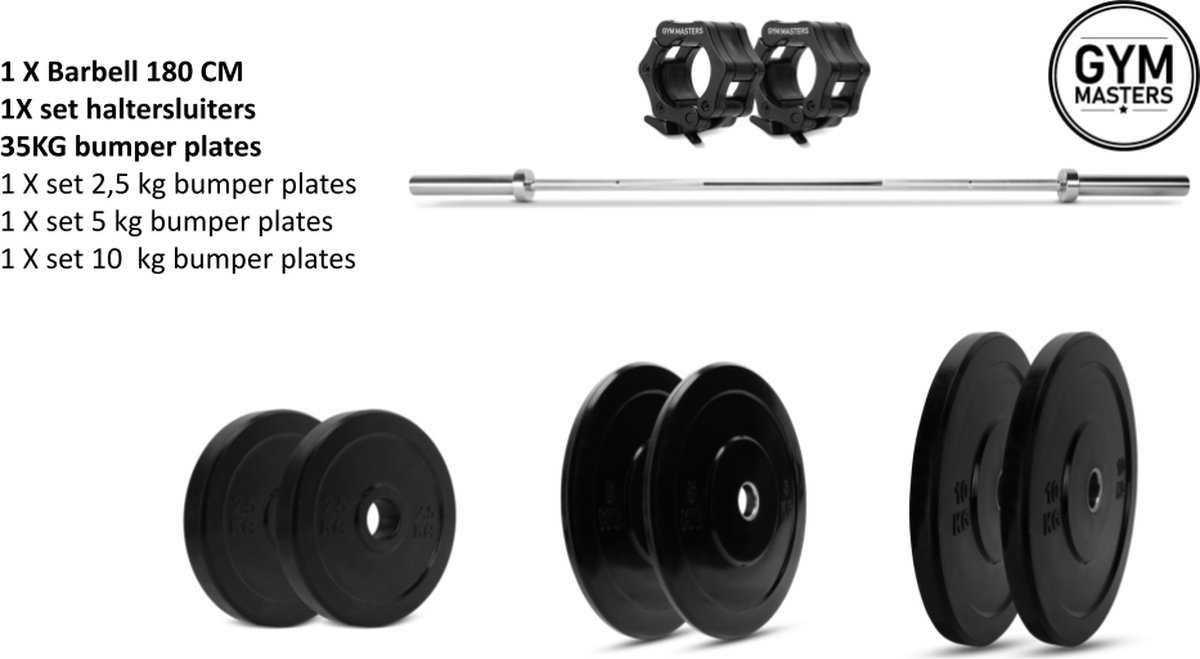Voordeelset (50kg) | Halterstang met gewichten - 180cm / 15kg barbell + 35 kg bumper plates + set lock jaws - gym masters