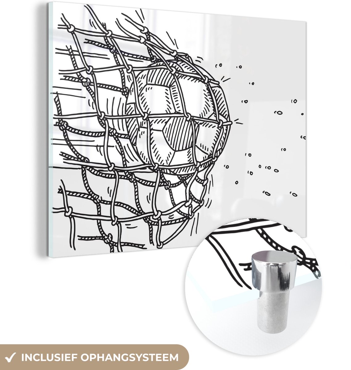 ® Glasschilderij 40x30 cm - Schilderij acrylglas - Een illustratie van een voetbal die het doel ingeschoten is - Jongens - Meiden - Kinderen - Foto op glas - Muurdecoratie woonkamer - Wanddecoratie slaapkamer - Schilderijen