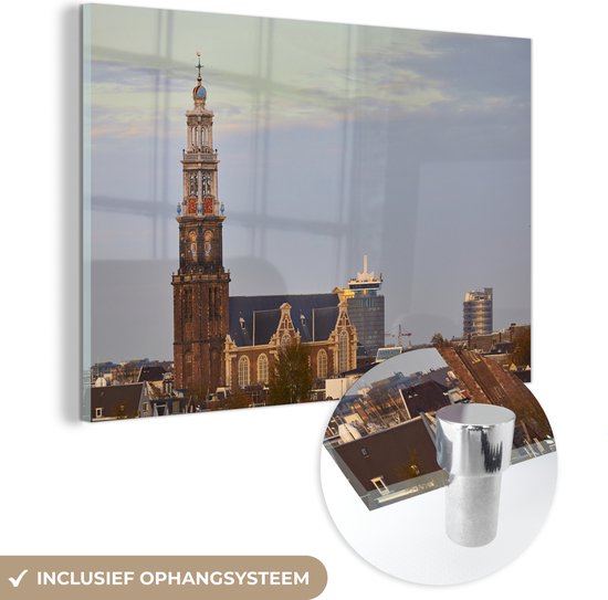 MuchoWow® Peinture sur verre - Skyline d' Amsterdam avec la Westerkerk - 150x100 cm - Peintures sur verre acrylique - Photo sur Glas