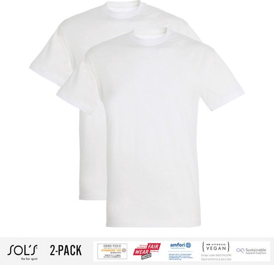 2 Pack Sol's Heren T-Shirt 100% biologisch katoen Ronde hals Wit