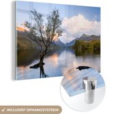 MuchoWow® Glasschilderij 120x80 cm - Schilderij acrylglas - Een erg unieke kleine boom in het water van Snowdonia - Foto op glas - Schilderijen