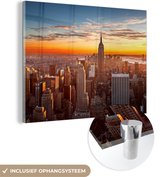 MuchoWow® Glasschilderij 160x120 cm - Schilderij acrylglas - Skyline - New York - Zon - Foto op glas - Schilderijen