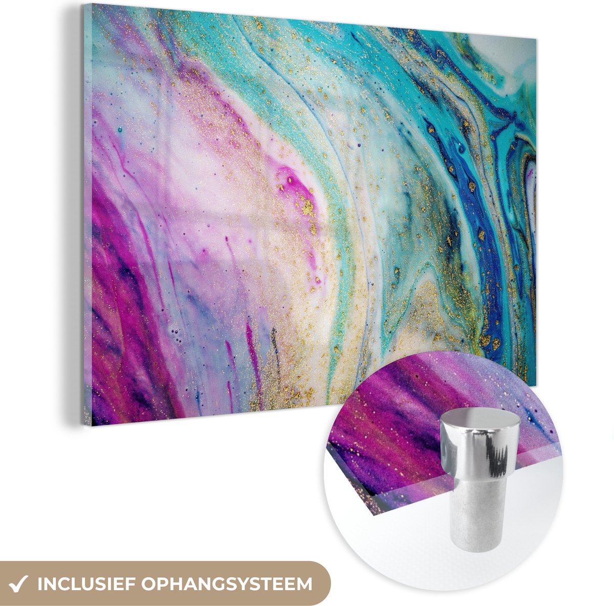 ® Glasschilderij 60x40 cm - Schilderij acrylglas - Marmer - Verf - Regenboog - Foto op glas - Muurdecoratie woonkamer - Wanddecoratie slaapkamer - Schilderijen