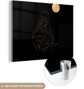 MuchoWow® Glasschilderij 160x120 cm - Schilderij acrylglas - Vrouw - Hoed - Maan - Line art - Foto op glas - Schilderijen
