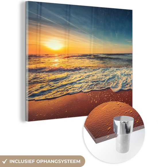 MuchoWow® Glasschilderij 50x50 cm - Schilderij acrylglas - Strand - Zee - Zonsondergang - Goud - Foto op glas - Schilderijen